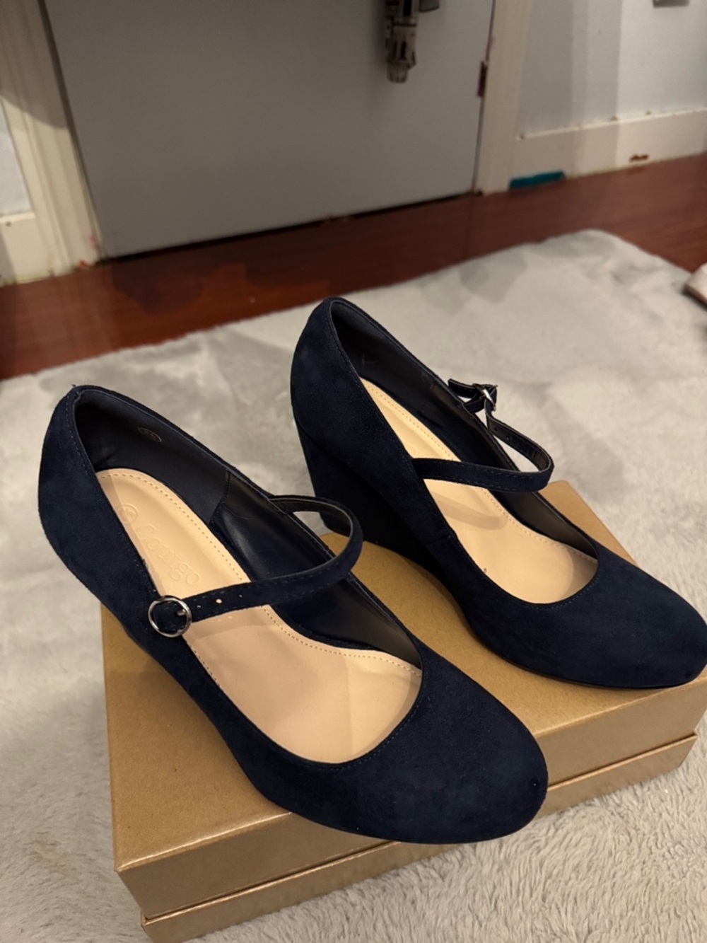 Coutgo Navy Suede Mary Jane Wedge Heels